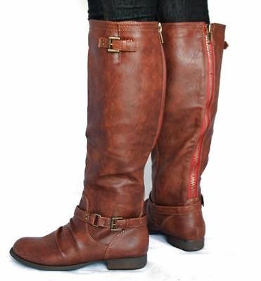 New Womens GS01 Red Zipper Camel Buckle Riding Knee High Boots Sz 6