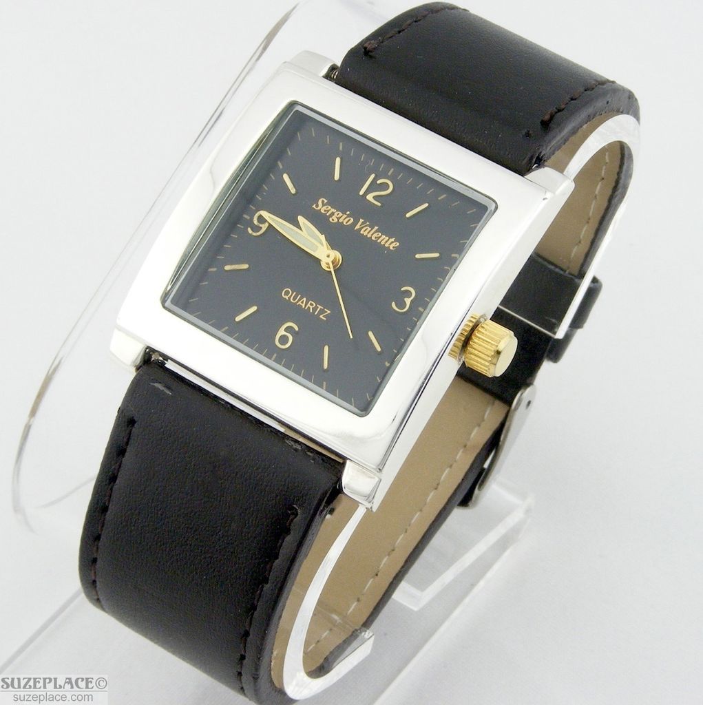 SERGIO VALENTE WATCH BLACK FAUX LEATHER BAND BLACK DIAL GOLD NUMBERS