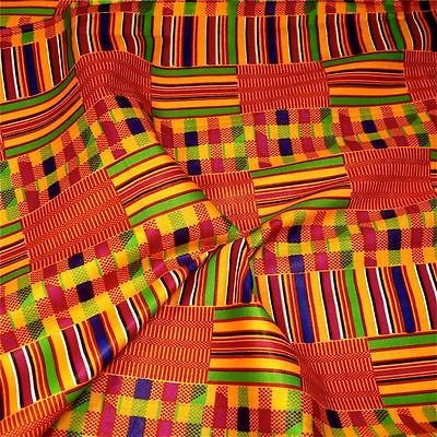 Wax Dyed Cotton Kente Cloth Fabric, Blue Orange Red Gold, Per 1/2 Yd