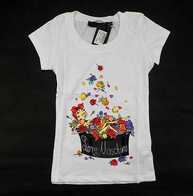 Love NWT Womens 56046 Moschino Women Flowers Bath T shirt White/Black