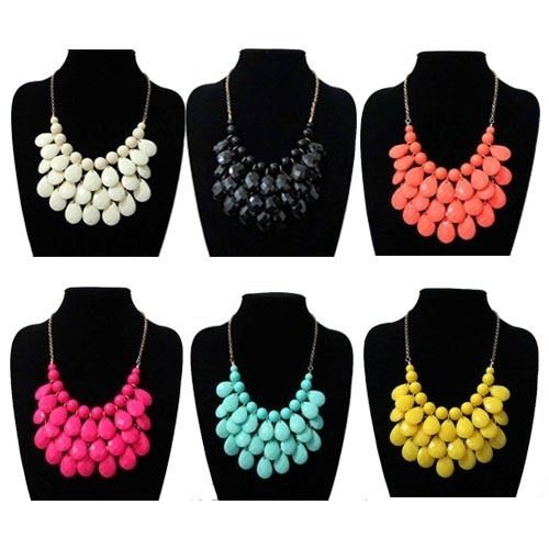 Women Bubble Bib Statement Chain Choker Necklace Pear Bead Plastic