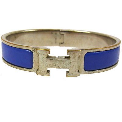 Authentic HERMES Vintage H Clic Clac Bangle Bracelet Silver Blue