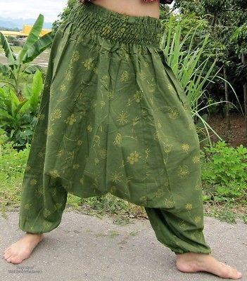 Printed Cotton Smock Waist MC Hammer Harem Mao Pants   Dark Olive