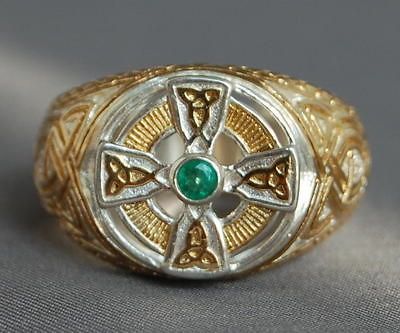 ESTATE MENS EMERALD CELTIC CROSS VERMEIL RING 13, 13.5, 14