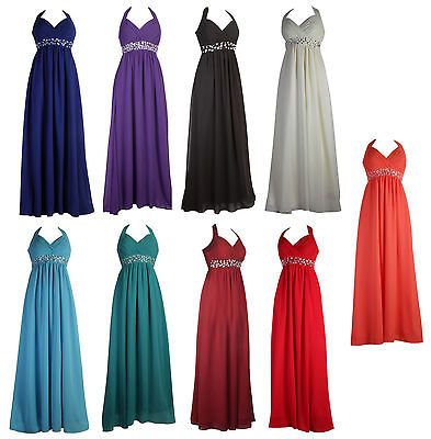 Womens Long Halterneck Chiffon Prom Formal Diamante Maxi Evening Dress