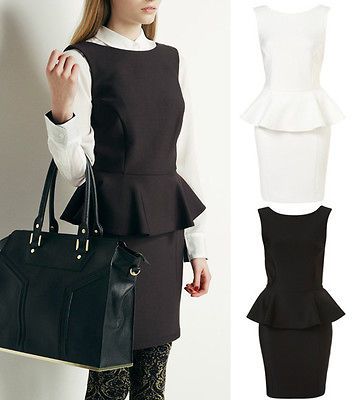 Sleeveless Crew Neck V Back Slim Peplum Pencil Dress White Black 3805