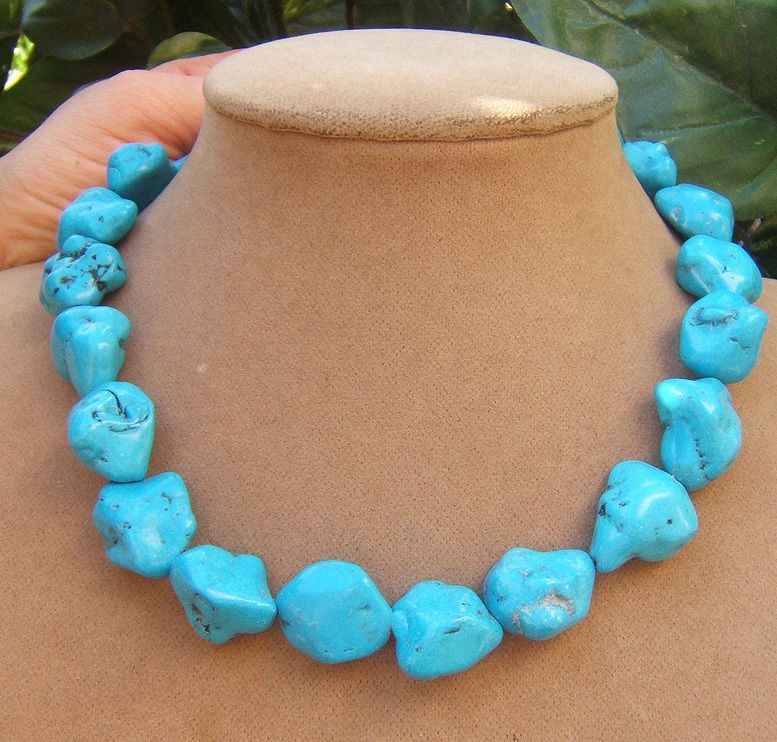 TURQUOISE JEWELRY BIG NUGGETS NECKLACE SILVER OR GOLD CLASP ADJUSTABLE