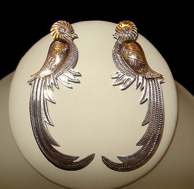 Pair of Guatemala .900 Sterling & 10k Gold Quetzal Bird Pins c.1950s