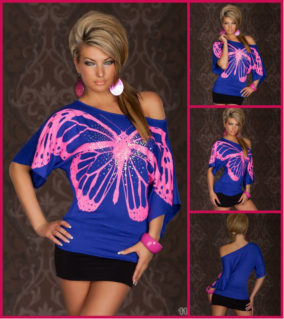 WOWNeon Pink Cobalt Blue Glitter Butterfly Off Shoulder Batwing Top