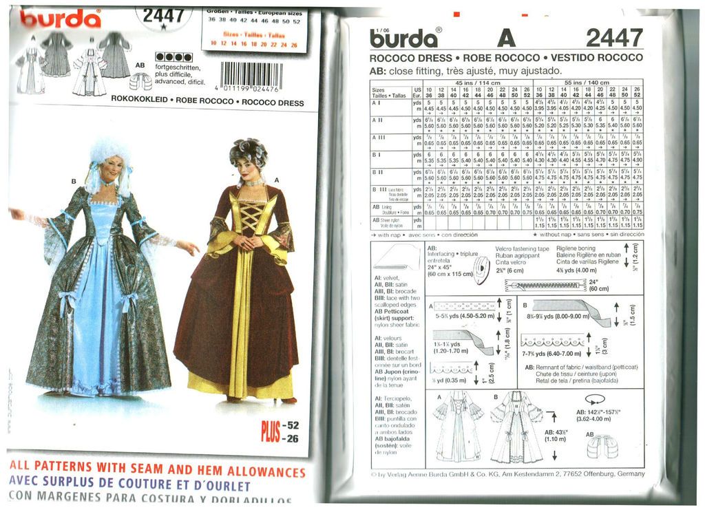 BURDA 2447 NEW SEWING PATTERN ROCOCO DRESS RENAISSANCE COSTUME SZ10 26