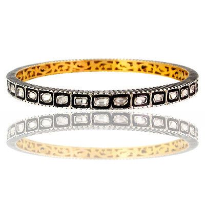 Rose Cut Diamond Vintage 14K Gold Bangle 925 Sterling Silver Bracelet