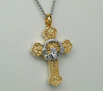 CELTIC CLADDAGH CROSS CREMATION URN JEWELRY GOLD STAINLESS CELTIC URN
