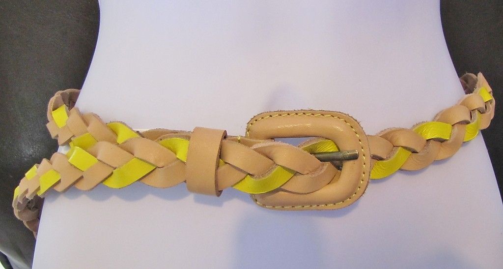 NWT Gap Womens Genuine Leather Neon Yellow Tan Braided Fashion Belt M