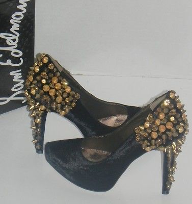 NIB SAM EDELMAN ROZA BLACK CRUSHED VELVET SPIKE HEEL size 6.5