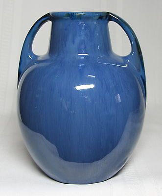 FULPER POTTERY, MIRRORED BLUE FLAMBE, SWOLLEN DOUBLE HANDLED SHOULDER