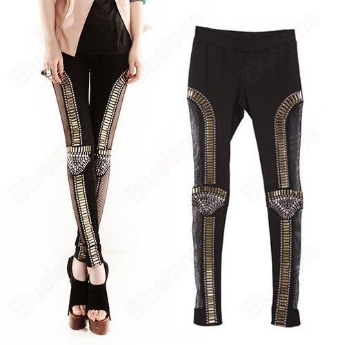 Lady Punk Mesh Studded Sequins Bullet Rivet Tight Skinny Pants