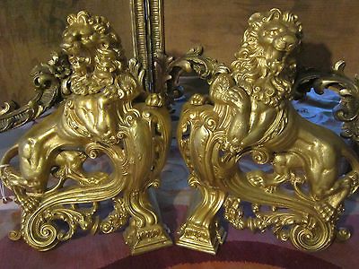 Pair Stunning Antique French Gilt Bronze statue Chenets Lions Book